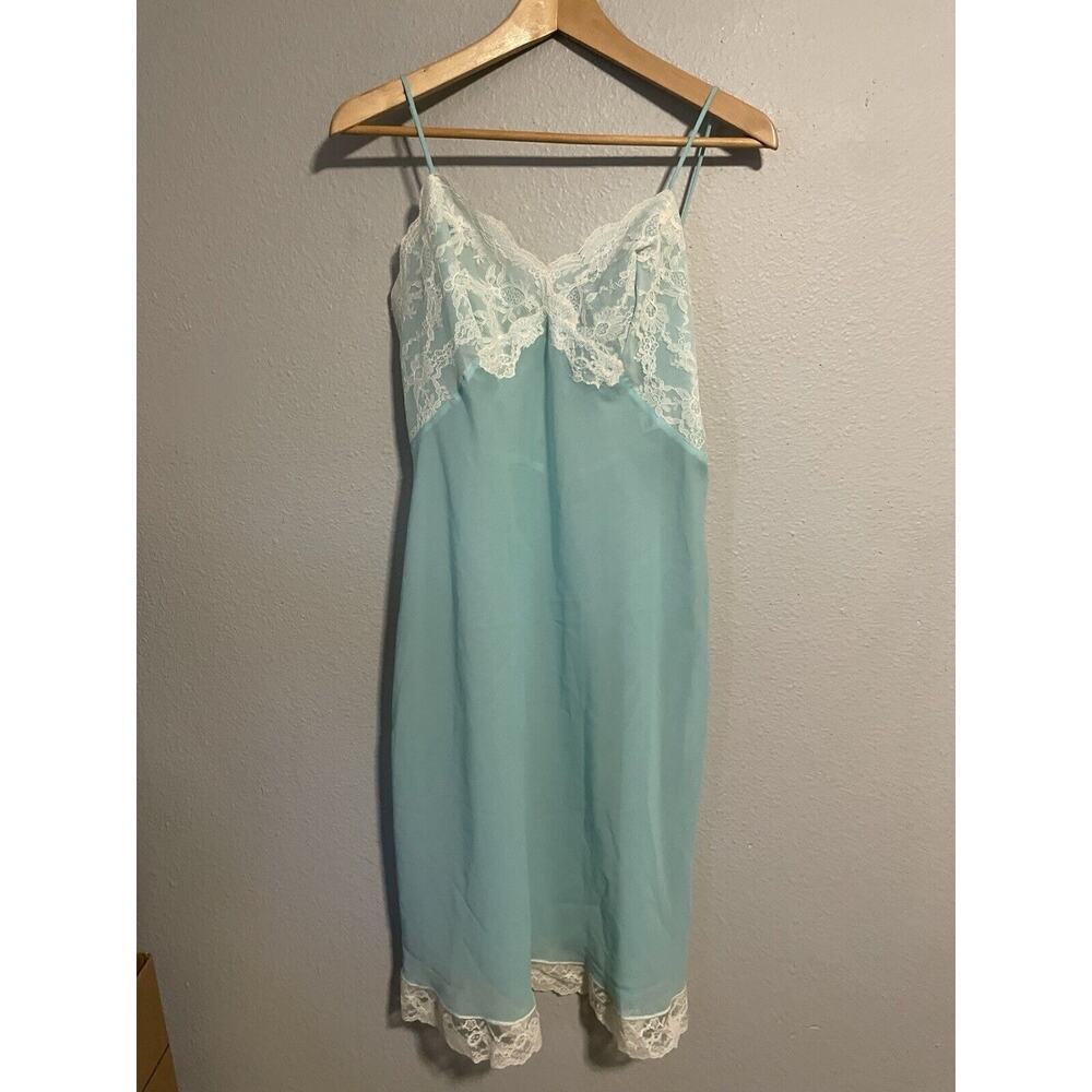 Vintage Fischer Womens Slip Dress Size 36 Large Blue Chiffon Lace Sheer Romantic